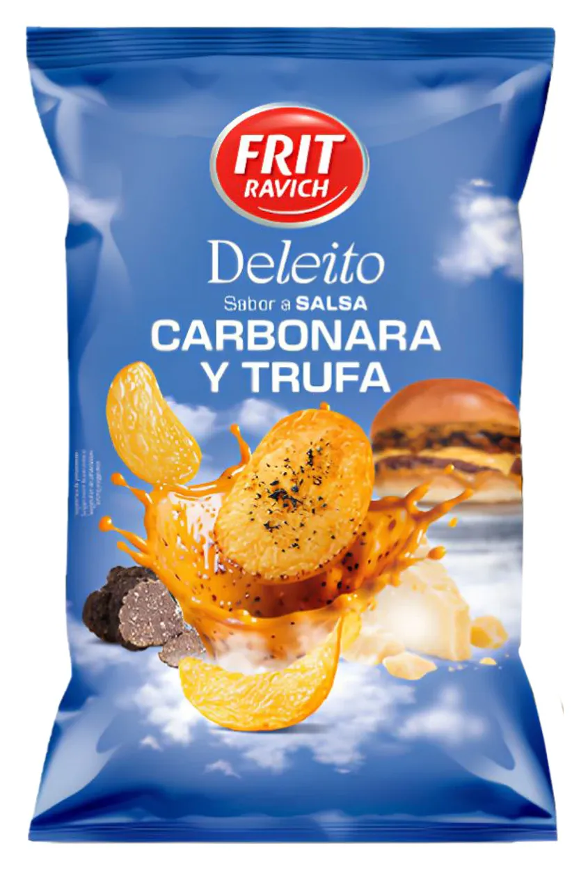 Chips Carbonara & Trufa de Frit Ravich, envase del snack by Deleito sobre fondo blanco