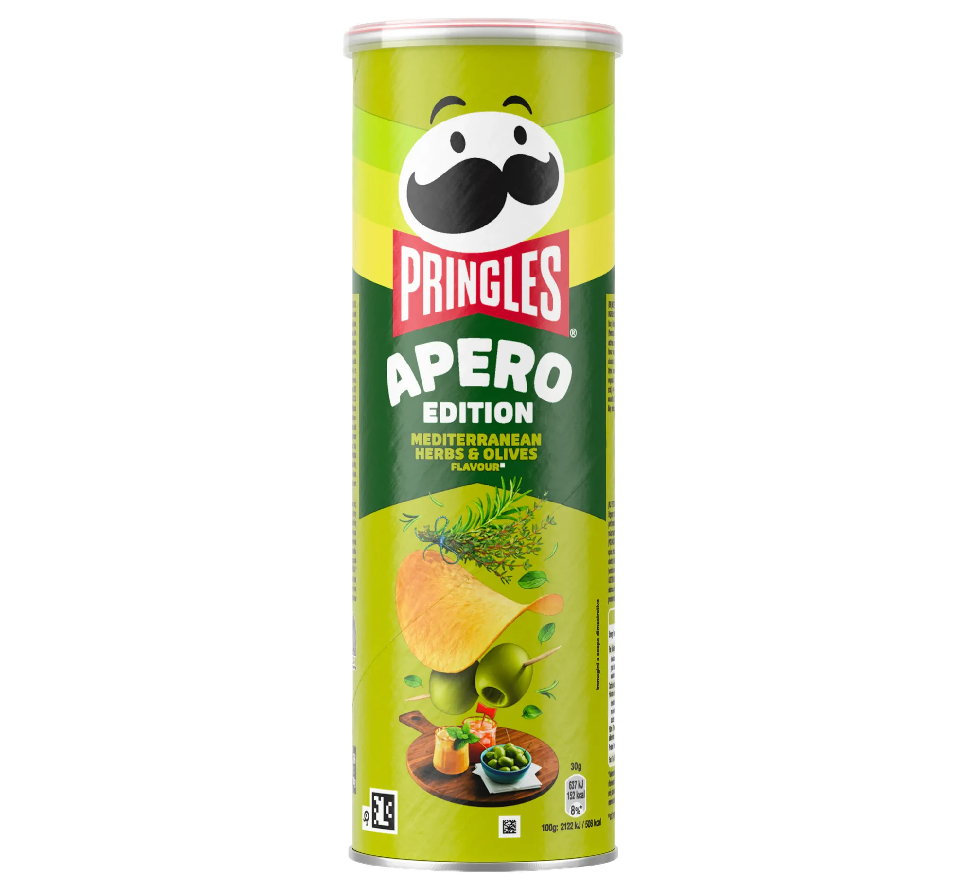 Bote de Pringles Apero Edition sabor hierbas mediterráneas y aceitunas sobre fondo blanco