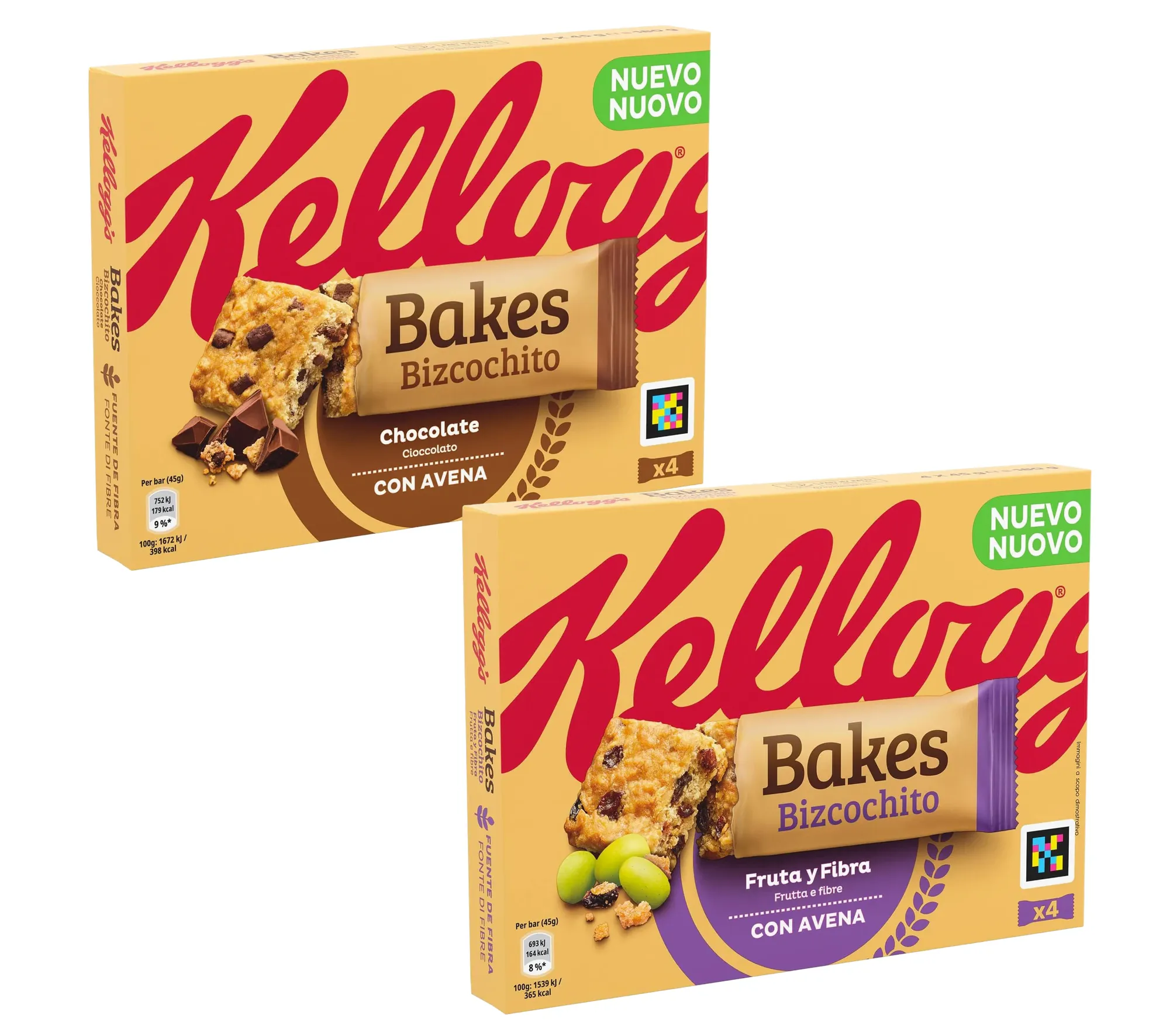 Bakes Bizcochito de Kellogg's, caja de cuatro unidades individuales en sabor chocolate y fruta y fibra