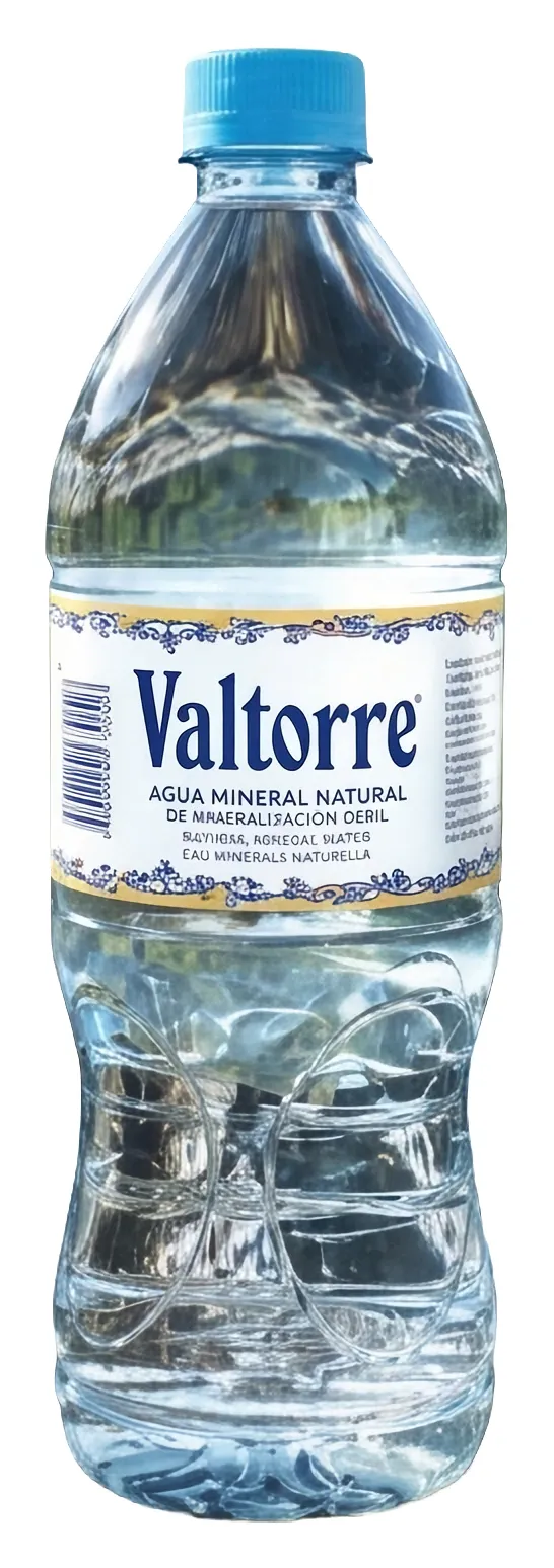 Botella de Agua de Valtorre en formato de 1 litro, envase ergonómico y reciclable sobre fondo blanco