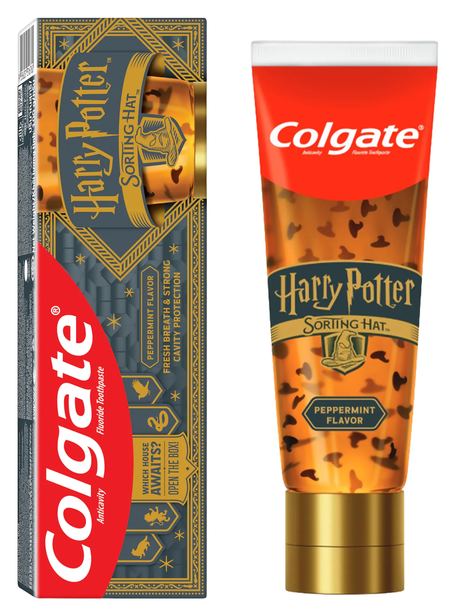 Pasta de dientes Colgate Sorting Hat, tubo de 100 g con tapón dorado y gel translúcido sabor menta