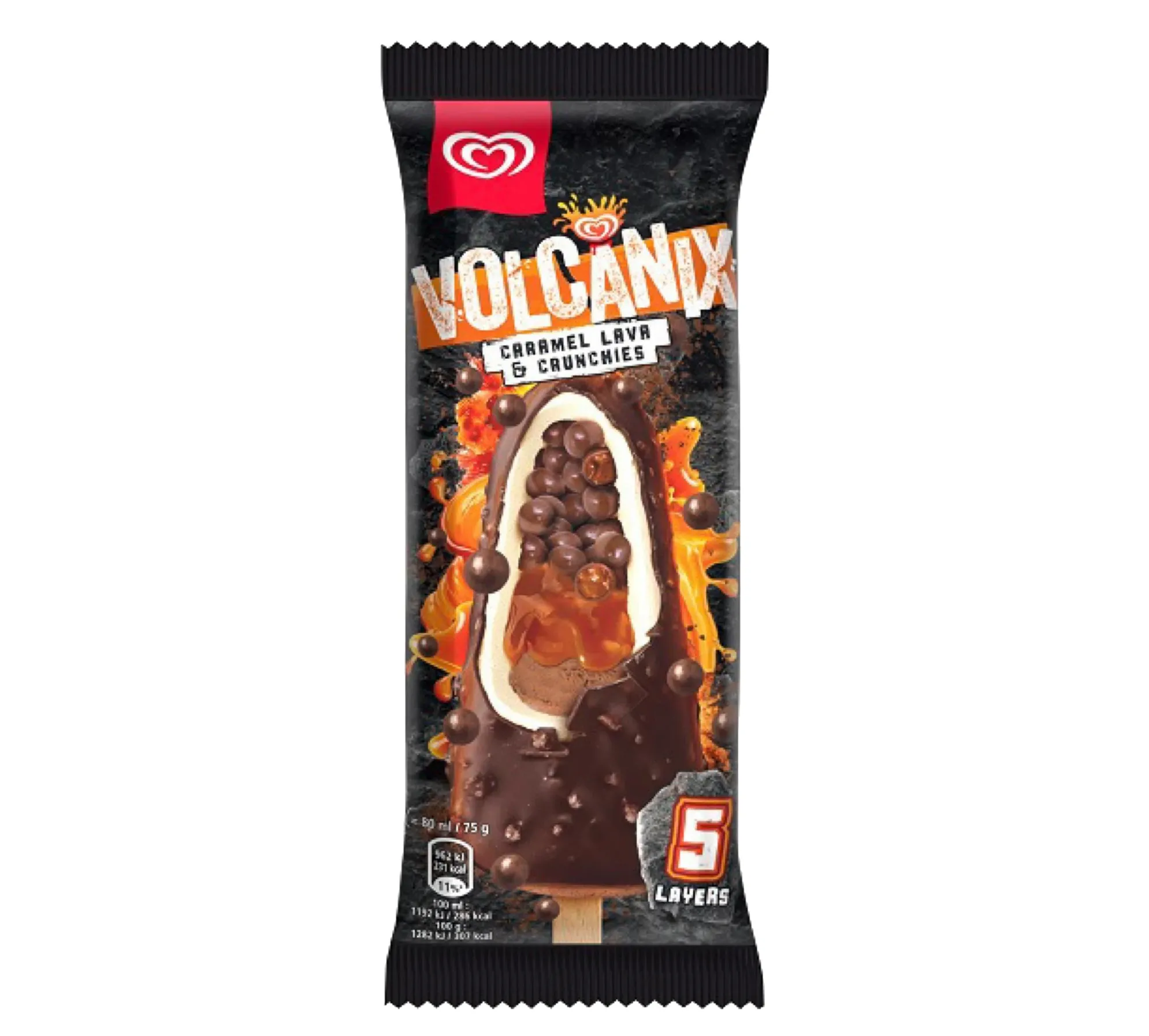 Envase del helado Volcanix de Frigo mostrando sus cinco capas con caramelo, trozos crujientes y cobertura de chocolate