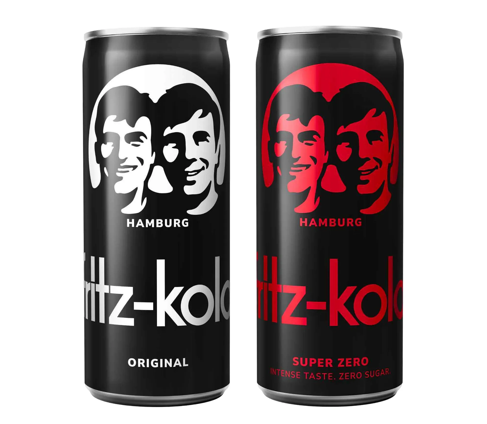 Lata de Fritz-kola de 0,33cl en versión original y super zero sobre fondo blanco