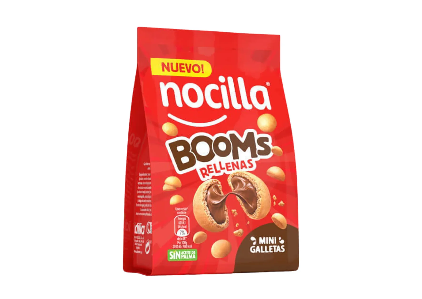 Booms Rellenas de Nocilla, envase de mini galletas abotonadas rellenas de crema de cacao con avellanas