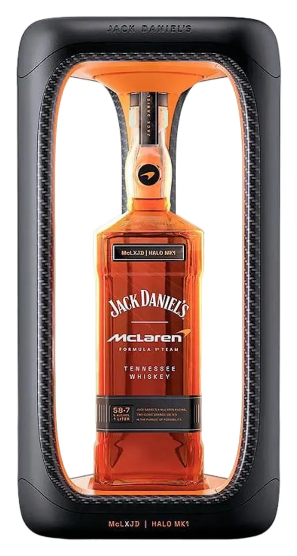 Botella de Jack Daniel's Halo MK1 Tennessee Whiskey de 1 litro con estuche inspirado en el Halo de Fórmula 1
